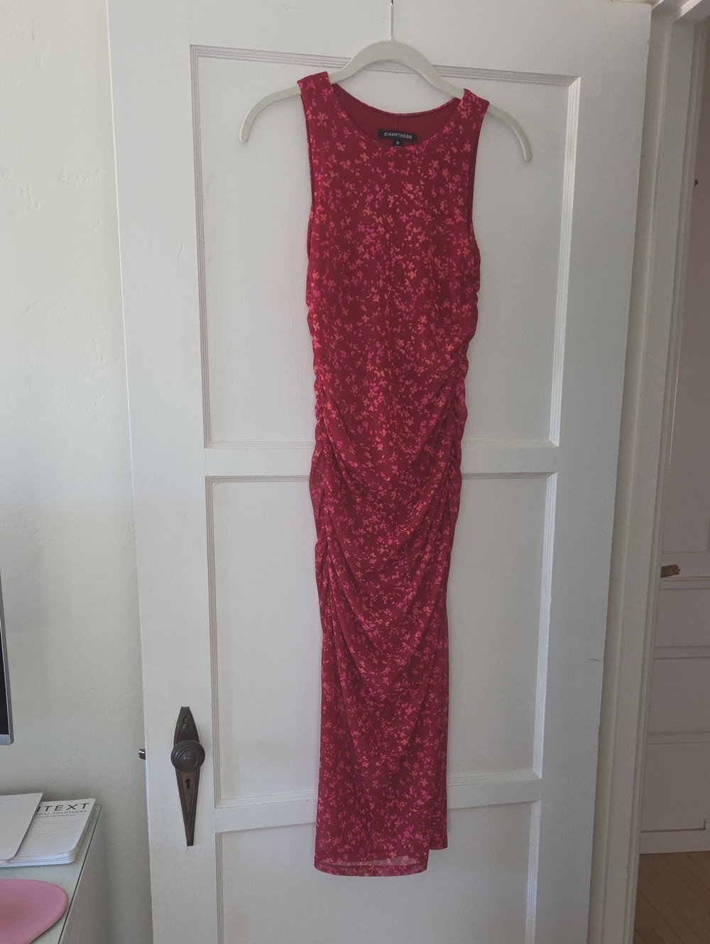 Red Floral Ruched Midi Dress